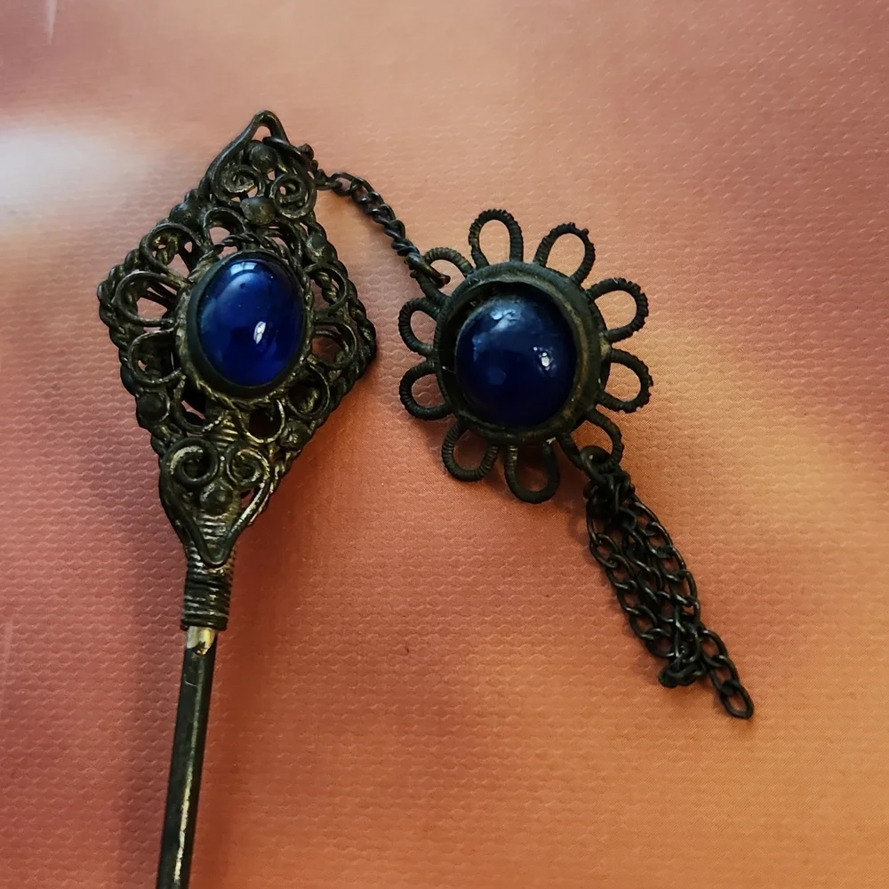 Vintage Hair Pin with Blue Cabachons